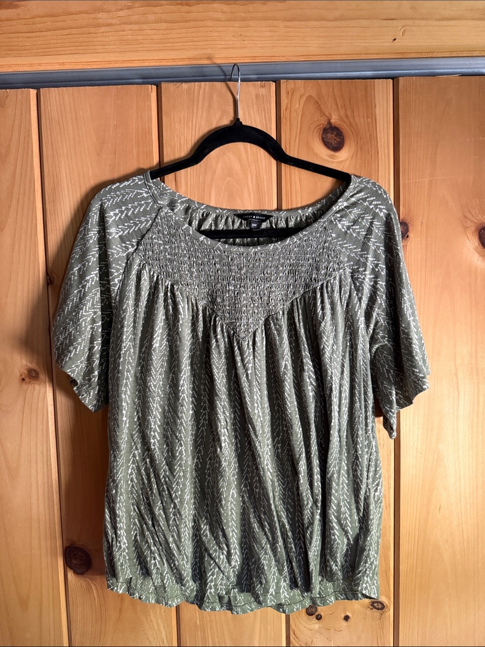 Lucky Brand Olive Green Short-Sleeve Smocked Yoke Top